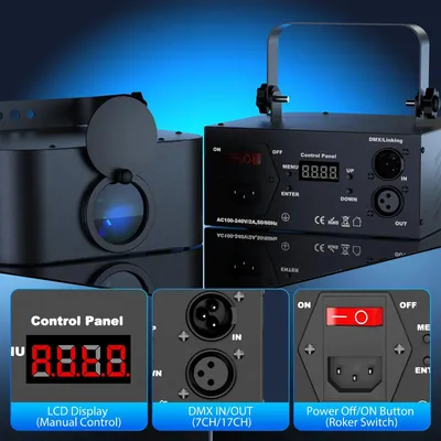 Obrázok produktu pre RGB animačný laser – DMX scénické osvetlenie – 20 W – 3D RGB animácia – 7/16-kanálový DMX – ovládanie zvukom/automatický režim/master-slave/PC – 90–240 V – zástrčka EÚ, sada 2 ks
