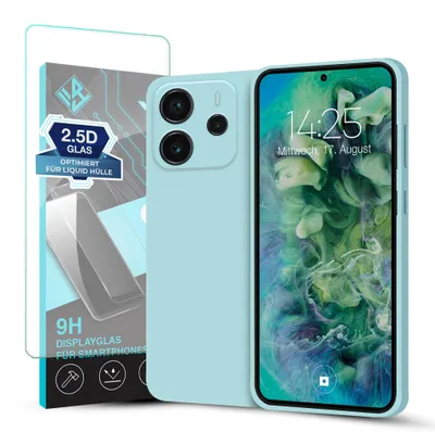 Produktbild von Hülle für Xiaomi Redmi Note 14 mit 9H Displayglas Displayschutz Case Cover Bumper Smartphone Softgrip Schutzhülle Farbe: Hellblau