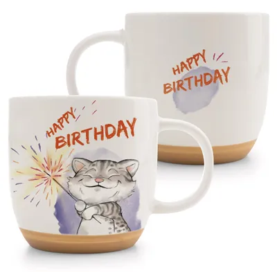 Produktbild von Tasse Katze Happy Birthday 400ml 9,5x9,5cm - orange - Hochwertige Porzellan-Tass