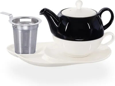 Produktbild von Buchensee Tea for one mit Sieb / Teeset Lena, Teekanne 500ml mit Sieb, weiß/schwarz, Crystal Bone China Porzellan