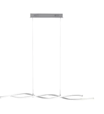 A modern LED pendant lamp with a wavy design, suspended by thin wires against a white background.