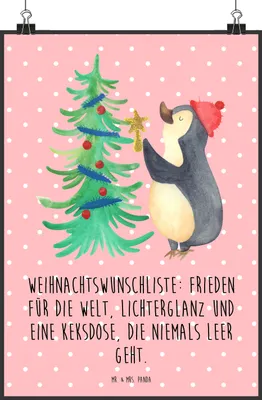 Produktbild von Mr. & Mrs. Panda Bild Pinguin Weihnachtsbaum DIN A2 - Rot Pastell - Geschenk, drucke, Kunstdruck, Weihnachten, wanddeko, Winter, Wandbild, grafikposter