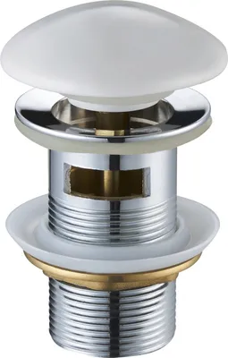 A close-up studio shot of a bathroom sink drain stopper.