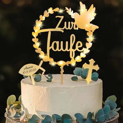 Immagine prodotto di Decorazioni per torta per battesimo, in legno, set da 3 pezzi, con luci a LED, adatte a bambine e bambini