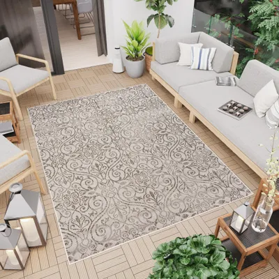 Produktbild von Teppich Outdoor Indoor Beige Sisaloptik Floral Design Balkon Terrasse 80 x 150 cm