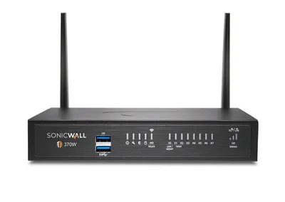 Obrázok produktu pre SonicWall TZ370W, 3 Gbit/s, 1,3 Gbit/s, 1500 Mbit/s, TCP/IP, UDP, ICMP, HTTP, HTTPS, IPSec, ISAKMP/IKE, SNMP, DHCP, PPPoE, L2TP, PPTP, RADIUS, Káblový a bezdrôtový, 1000 Mbit/s