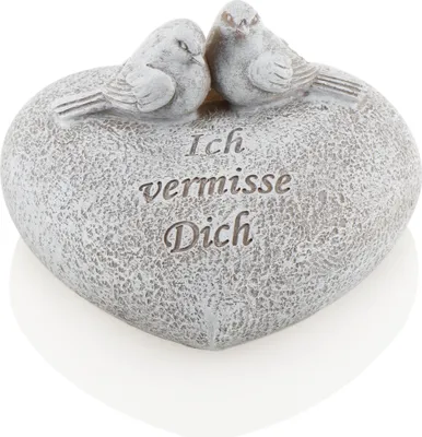 Produktbild von com-four® Grabdekoration Herz, herzförmiger Gedenkstein mit Vögeln und Inschrift, wetterfester Grabschmuck, Trauerstein mit Gedenkspruch