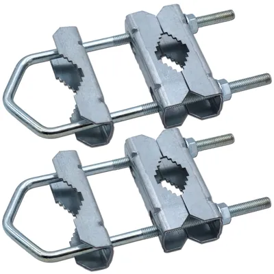 Produktbild von dso Universal Doppel-Rohr- & Mastschelle Set, verzinkter Stahl, Rohraufnahme 33-64mm. Maße: L 17.5cm, B 10cm, Stärke Gewindestange 8mm, Klemme 2mm. Zur Montage an Balkon, Wand, Mast, Dachsparren und Befestigung von Spiegeln, Sonnenschirmen, Wetterstationen.