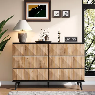 Immagine prodotto di Credenza Fortuna Lai con 6 cassetti - combinazione di nero e legno naturale con ante rialzate per soggiorno e sala da pranzo