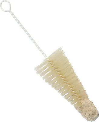 A bottle brush with a conical shape and a wire handle with a loop at the end.