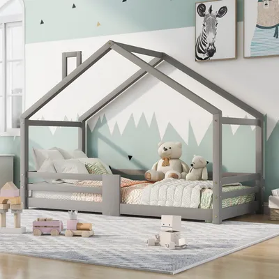 Obrázek produktu pro Flieks House Postel Cot 90*200cm, borovicová postel s ochranou proti vypadnutí a komínem, podlahová postel jednolůžko s roštovým rámem