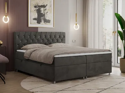 Produktbild von Boxspringbett 140x200 mit Bettkasten, Boxspringbett 140x200 mit Matratze, Doppelbett mit Matratze und Topper - Polsterbett mit Kopfteil - ROMA - 140x200 - Dunkelgrau - Velvet - H3