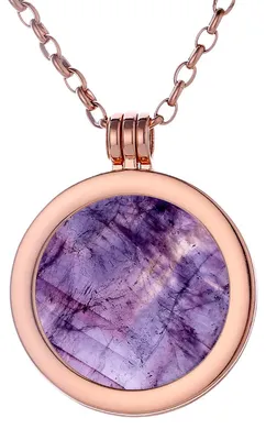 Image de Collier pour femme Morella, or rose, 70 cm, en acier inoxydable, avec pendentif en forme de pièce d'améthyste de 33 mm et disque des chakras, livré dans une pochette à bijoux