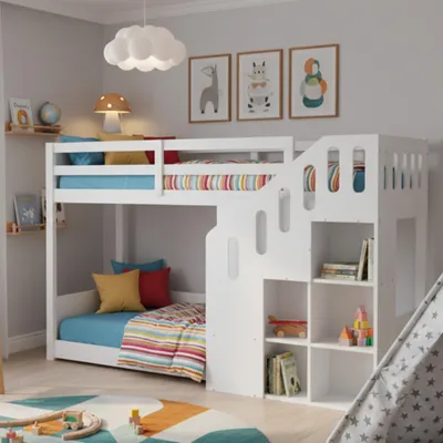 Produktbild von Merax Etagenbett 90x200cm mit Treppe und Schließfächern, Hochbett mit Rausfallschutz, Kinderbett mit Lattenrost, Stockbett Massivholz Jugendbett, Weiß