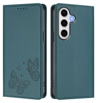 Produktbild von Lederhülle für Samsung Galaxy S24 FE, Schmetterling Prägung Leder Brieftasche Schutzhülle mit Ständer Grün