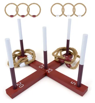 Produktbild von COSTWAY Ringwurfspiel aus Holz für drinnen & draußen, Wurfspiel für Kinder & Erwachsene, Gartenspiel mit 6 Wurfringe & 5 Spielstäben, Gartenspiel