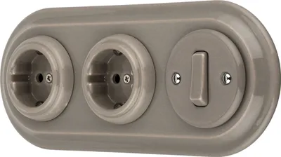Immagine prodotto di Presa di corrente retrò in porcellana da incasso, interruttore, 3 vie, All-in-One, Serie SET PR1 grigio beige
