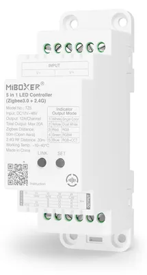 Produktbild von MiBoxer TZ5 2-in-1 LED-Controller für Hutschiene– Zigbee 3.0  und  2.4 GHz, Einfarbig, CCT, RGB, RGBW, RGB+CCT, 12–48 V, 20 A
