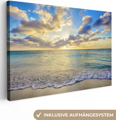 Produktbild von MuchoWow® - Leinwandbilder - Meer - Strand - Wolken - Sonne, Wandbild, Wanddeko Bilder Wohnzimmer, 60x40 cm