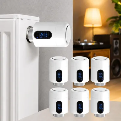 Obrázek produktu pro Chytrý termostat pro radiátory Eikuavons, WiFi, ovládání přes aplikaci, kompatibilní s platformami Smart Life/Tuya, bílý, sada 6 kusů, včetně 7 adaptérů pro ventily