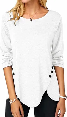 Produktbild von ASKSA Damen Langarm T-Shirt Rundhals Einfarbig Langarmshirt Lose Tunika Bluse Oberteile, Weiß, M