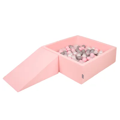 Obrázek produktu pro KiddyMoon pěnové hřiště pro děti s kulatým míčkem (100 ∅ 7cm), měkká překážková dráha a Kvadrát bazén s míčky, certifikováno  EU, Růžová:Pearl/Grey/Transparentní/Pudrově růžová, Zwickel