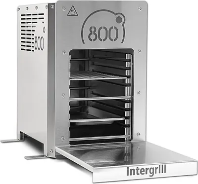 A stainless steel electric grill with its door open, revealing multiple racks and trays.