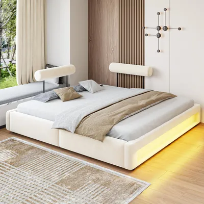 Immagine prodotto di Letto imbottito 180 x 200 cm con schienale regolabile in 4 posizioni, illuminazione a LED, struttura del letto imbottita con 12 listelli, rivestito in velluto, colore beige