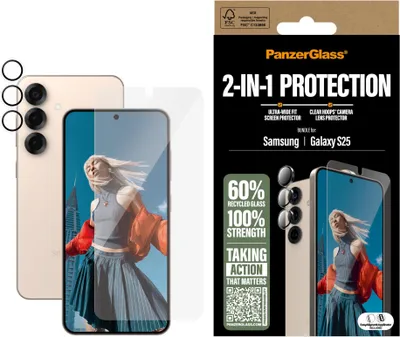 Produktbild von PanzerGlass ® 2-in-1 Set Samsung Galaxy S25, Samsung, Samsung - Galaxy S25, Trockene Anwendung, Kratzresistent, Schockresistent, Transparent, 1 Stück(e)
