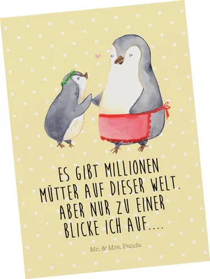 Produktbild von Mr. & Mrs. Panda Postkarte Pinguin mit Kind - Gelb Pastell - Geschenk, Grußkarte, Lieblingsmensch, Mutter, Ansichtskarten, bildkarte, Muttertag, Postkarten, Vorbild Mama