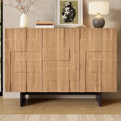 Produktbild von Merax Kommode Sideboard Mit 3 Türen, Französischer Stil Mit Geometrischer 3D Front, Aufbewahrungsschrank Mit Verstellbaren Einlegeböden, Natur