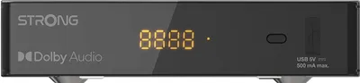A front view of a black digital satellite receiver with a display screen and brand logos.