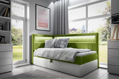 Produktbild von Einzelbett 100x200 KISHA 3 – grün/weiß, Öffnung rechts + GRATIS Matratzenauflage