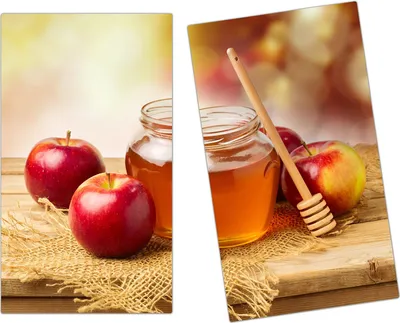 Produktbild von Spritzschutz Herdabdeckplatte Schneidebrett aus Glas Honig und Äpfel 2-Teilig (60x52cm)