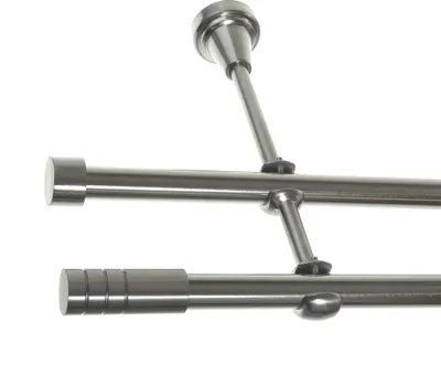 A close-up view of a double curtain rod system, mounted against a white background.
