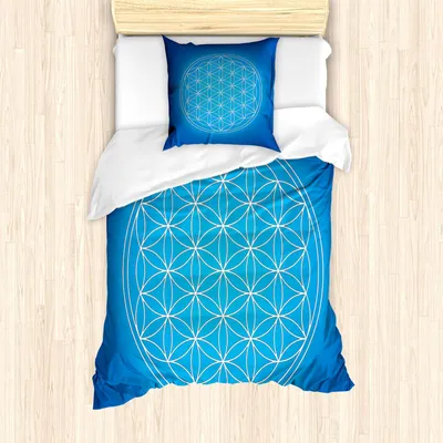 Immagine prodotto di ABAKUHAUS Set copripiumino geometrico, motivo a griglia "Fiore della vita" composto da cerchi sovrapposti, 135 x 200 cm + 80 x 80 cm, blu e bianco