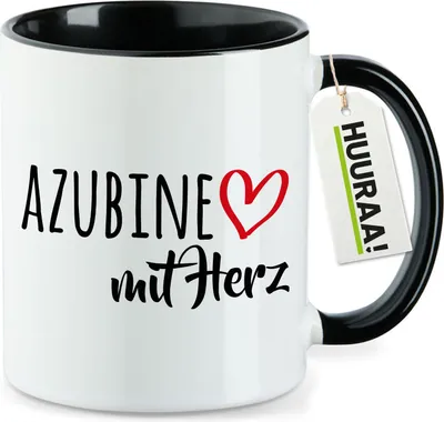 Produktbild von Huuraa Kaffeetasse Azubine mit Herz 330ml Schwarz Keramik Kaffeebecher Geschenkidee