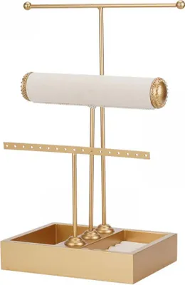 Produktbild von Schmuckständer Dreiteilig Mit T-Stangen, Metall Und Holz, Für Halsketten Ringe Ohrringe