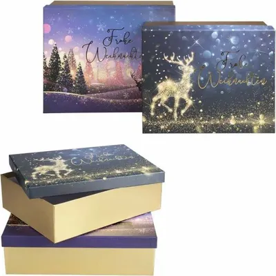 Produktbild von Idena Geschenkboxen Weihnachten lila Größe L 34x10x27cm, schwarz/gold Größe M 31x9x24,5cm 2 Stück