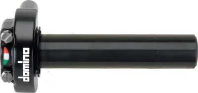 A black motorcycle throttle grip with the brand name 'domino' visible.