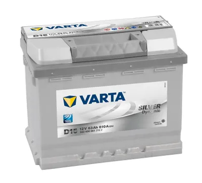 A Varta Silver Dynamic D15 car battery is shown from a three-quarter front angle against a white background.