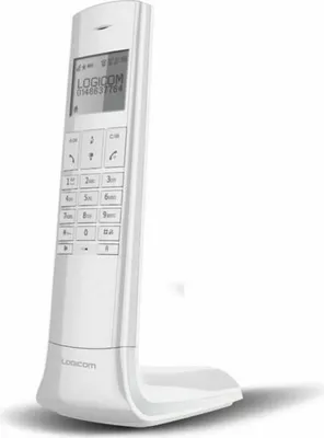 A white cordless phone with a base, shown from a side angle against a white background.