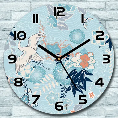 Produktbild von Wanduhr aus Glas Rund fi 30 Vogelkräne & Blumen Quarz Deko Wohnzimmer Büro