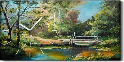 Produktbild von Küchenuhr Bürouhr Leinwand Uhr Geräuschlos 60x30 Landschafts Baum See Brücke - weiße Hände