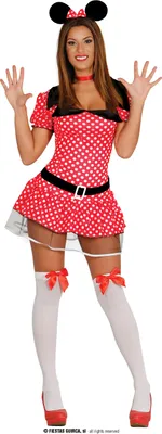 A woman is posing in a Minnie Mouse costume.