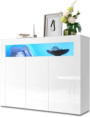 Image de Commode blanche laquée avec éclairage LED, meuble de rangement blanc avec 3 portes, largeur 116 cm