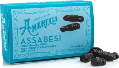 Produktbild von Amarelli Assabesi, Weiches Lakritz in lustigen Formen mit Anis, Box, 100 g, Amarelli Italien