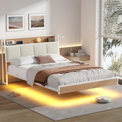 Produktbild von KIMENICH Polsterbett 140 x 200cm, Bettgestell mit USB Ladefunktion und LED-Beleuchtung, Schwebender visueller Effekt, Weiß