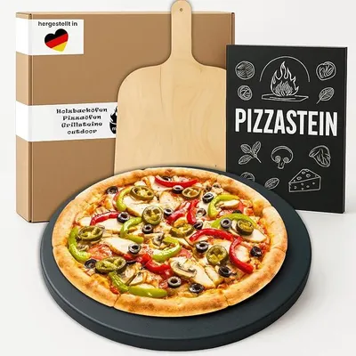 Imagen del producto de Megrill, juego de piedra para pizza redonda, 350 x 20 mm, fabricada en cordierita, apta para parrilla y horno