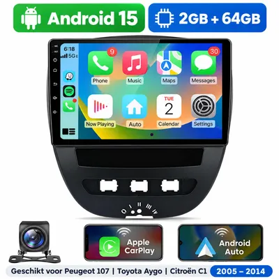 Productafbeelding van Android 15 Autoradio voor Peugeot 107 Toyota Aygo Citroën C1 2005-2014, 2GB+64GB, Draadloze CarPlay Android Auto, GPS, Achteruitrijcamera